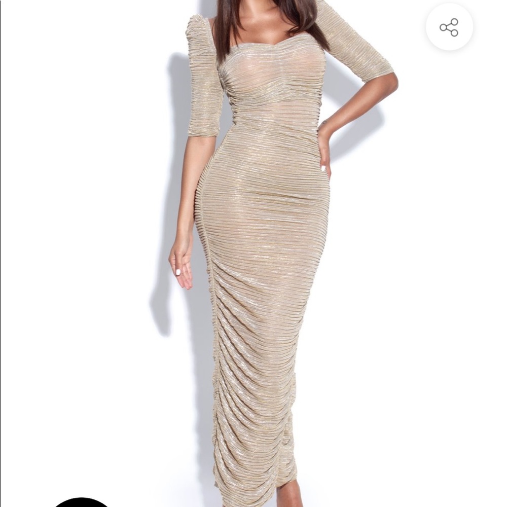 Gold rushed chiffon midi dress!